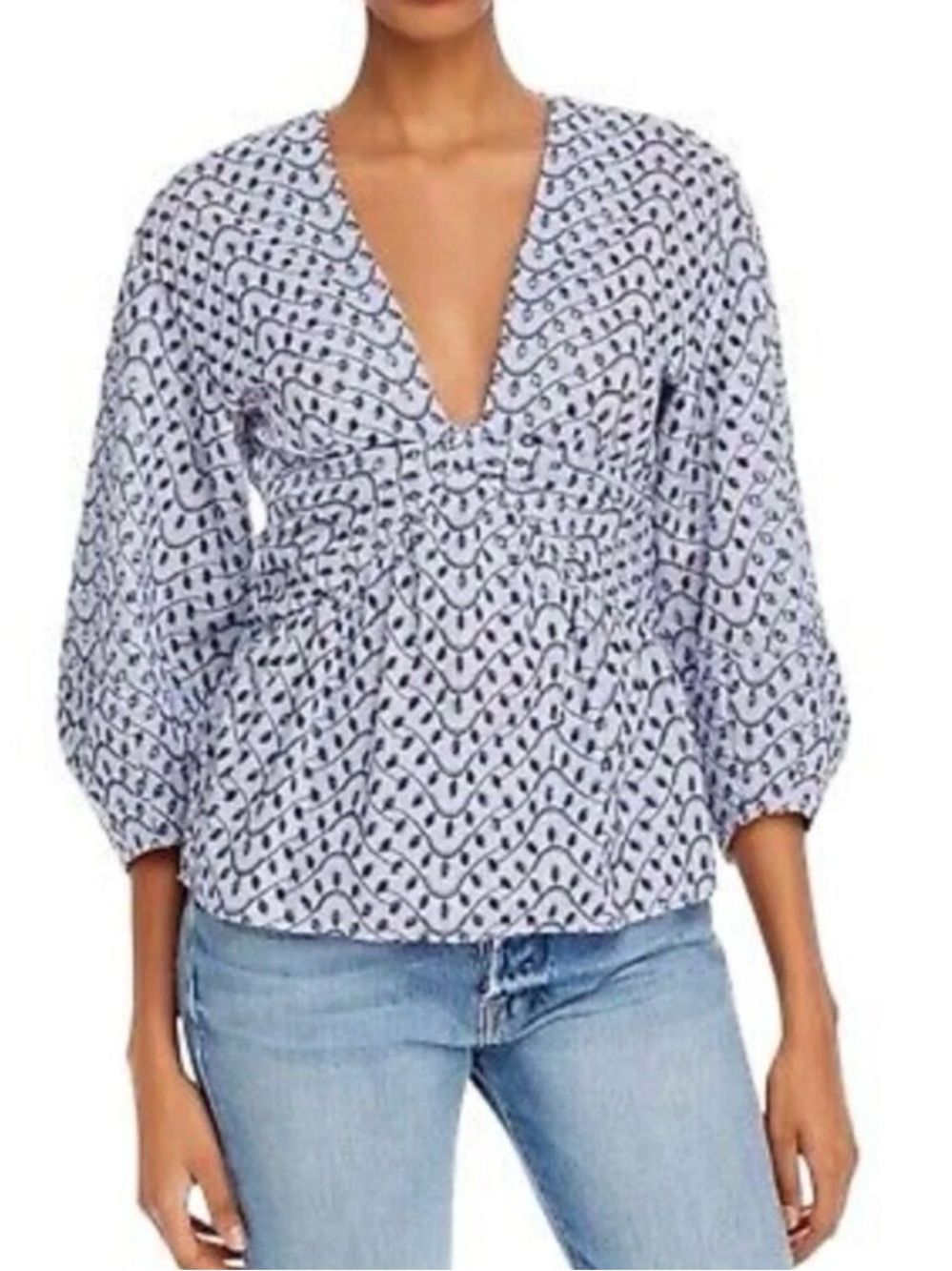 Derek Lam 10 Crosby Size 8 Blue Eyelet Embroidered Ruched Peplum Blouse